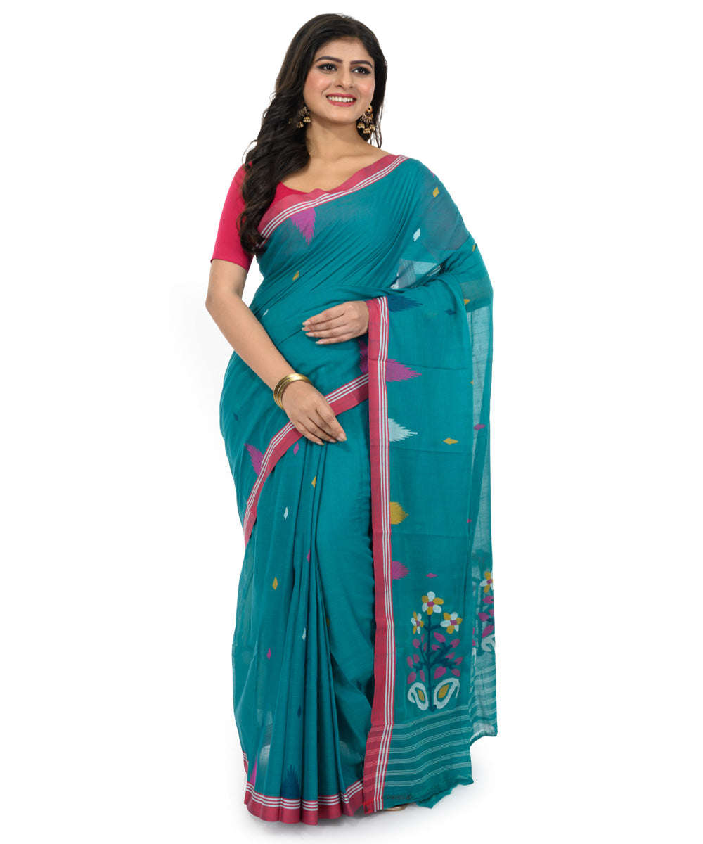 Turquoise handwoven bengal cotton saree