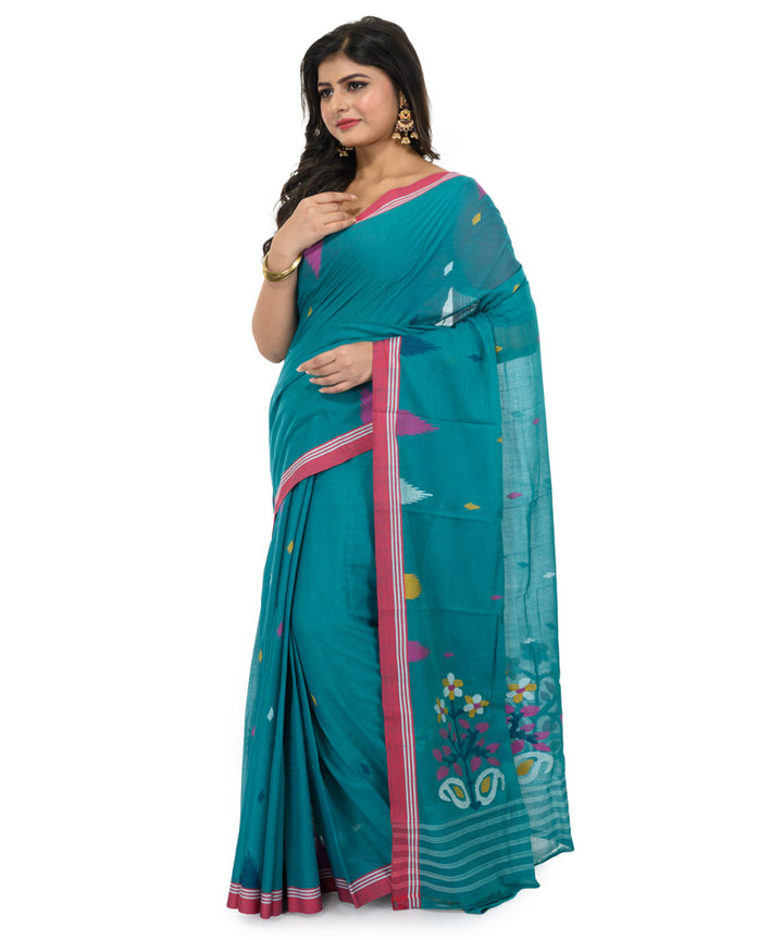 Turquoise handwoven bengal cotton saree