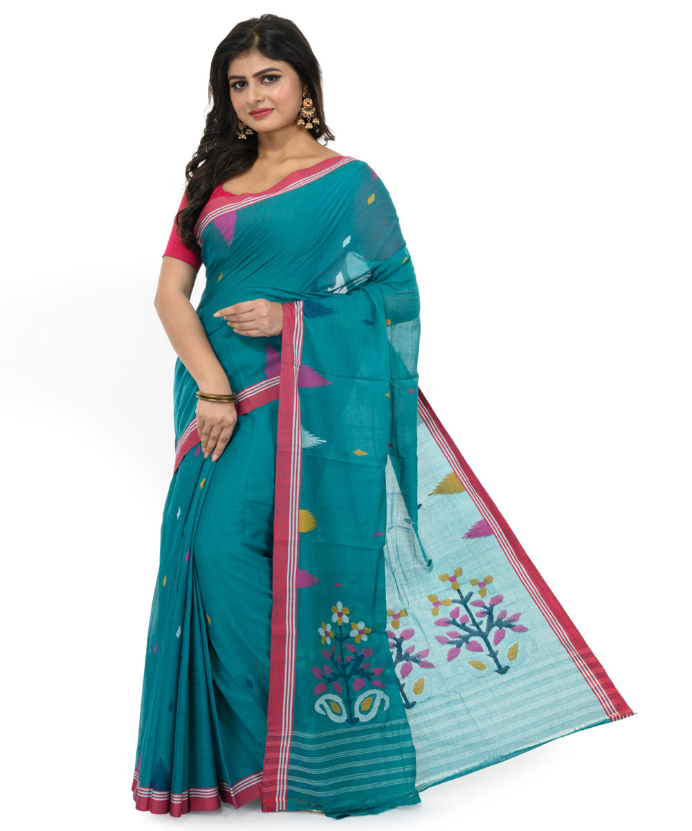 Turquoise handwoven bengal cotton saree