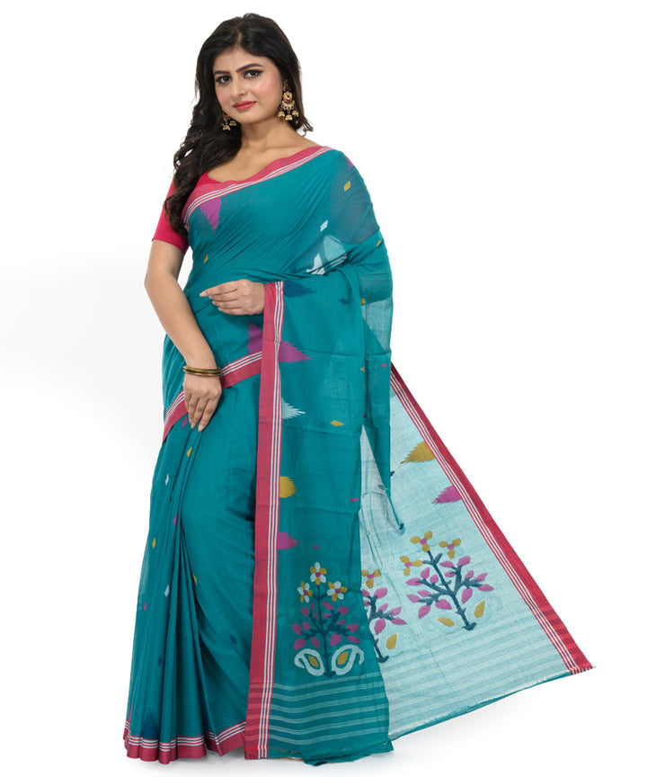 Turquoise handwoven bengal cotton saree