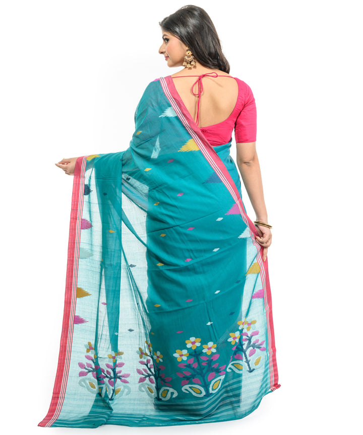 Turquoise handwoven bengal cotton saree