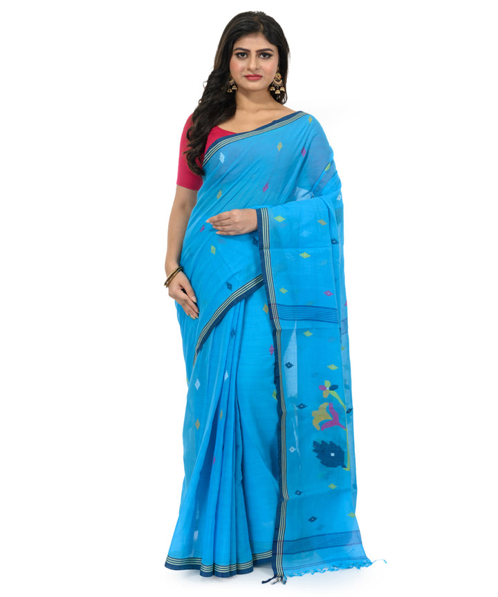Cyan blue cotton hand woven bengal saree