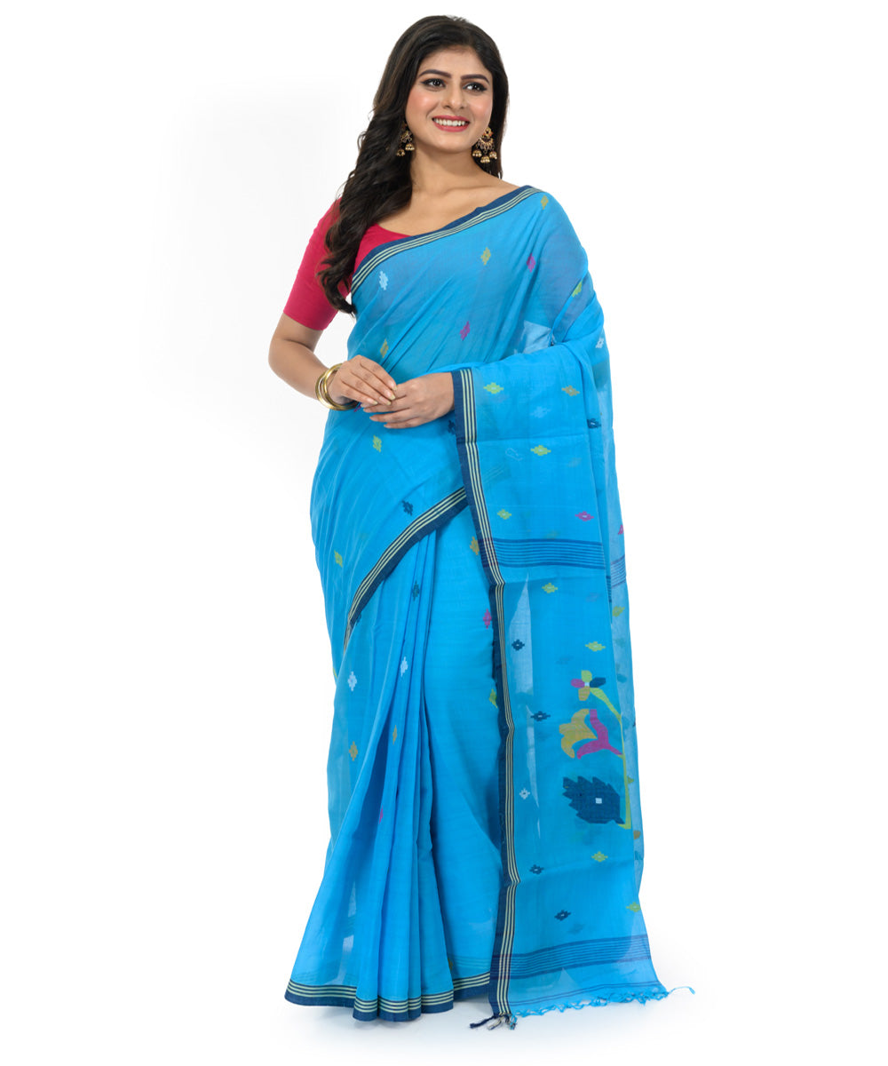 Cyan blue cotton hand woven bengal saree