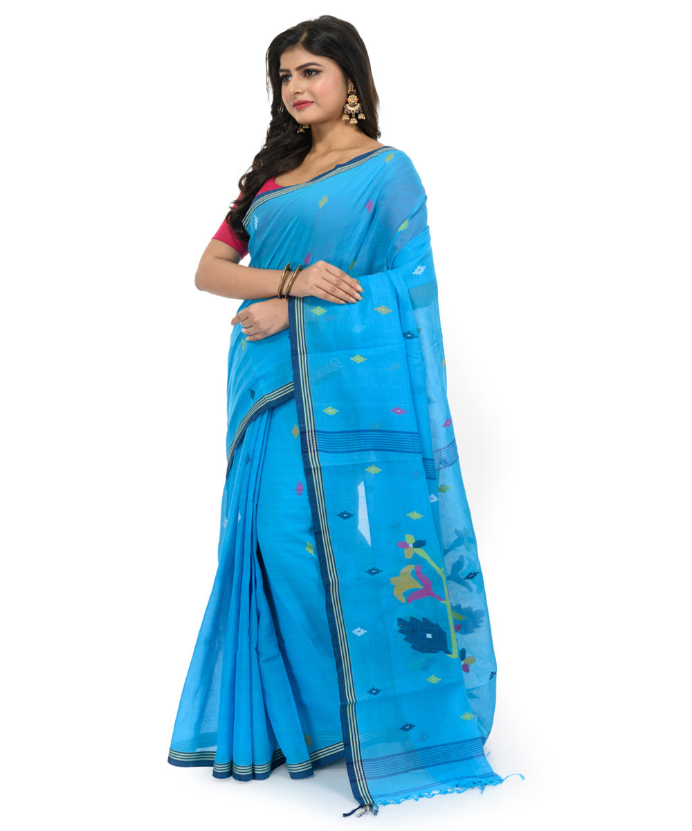 Cyan blue cotton hand woven bengal saree