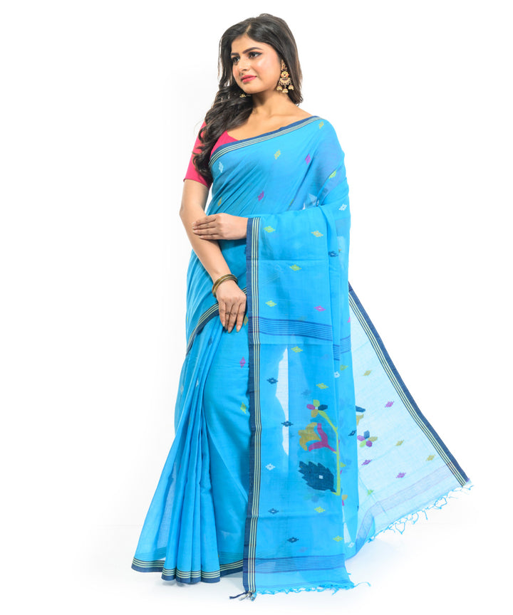 Cyan blue cotton hand woven bengal saree