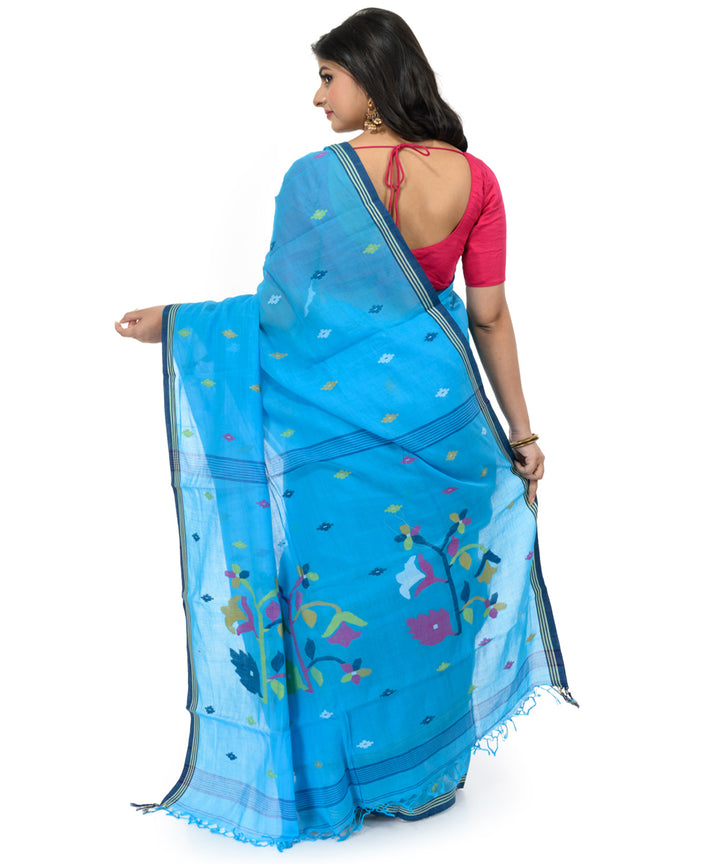 Cyan blue cotton hand woven bengal saree