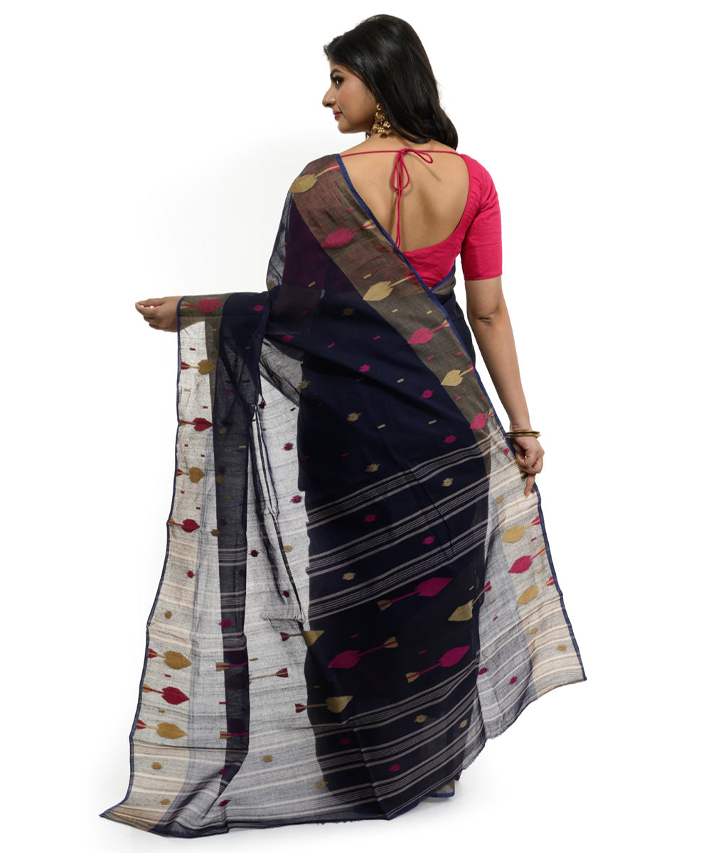 Black multicolor handwoven bengal cotton saree