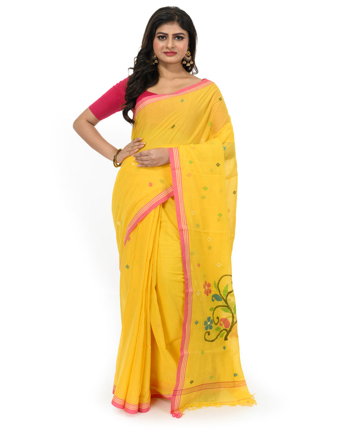 Mustard red hand woven cotton bengal saree