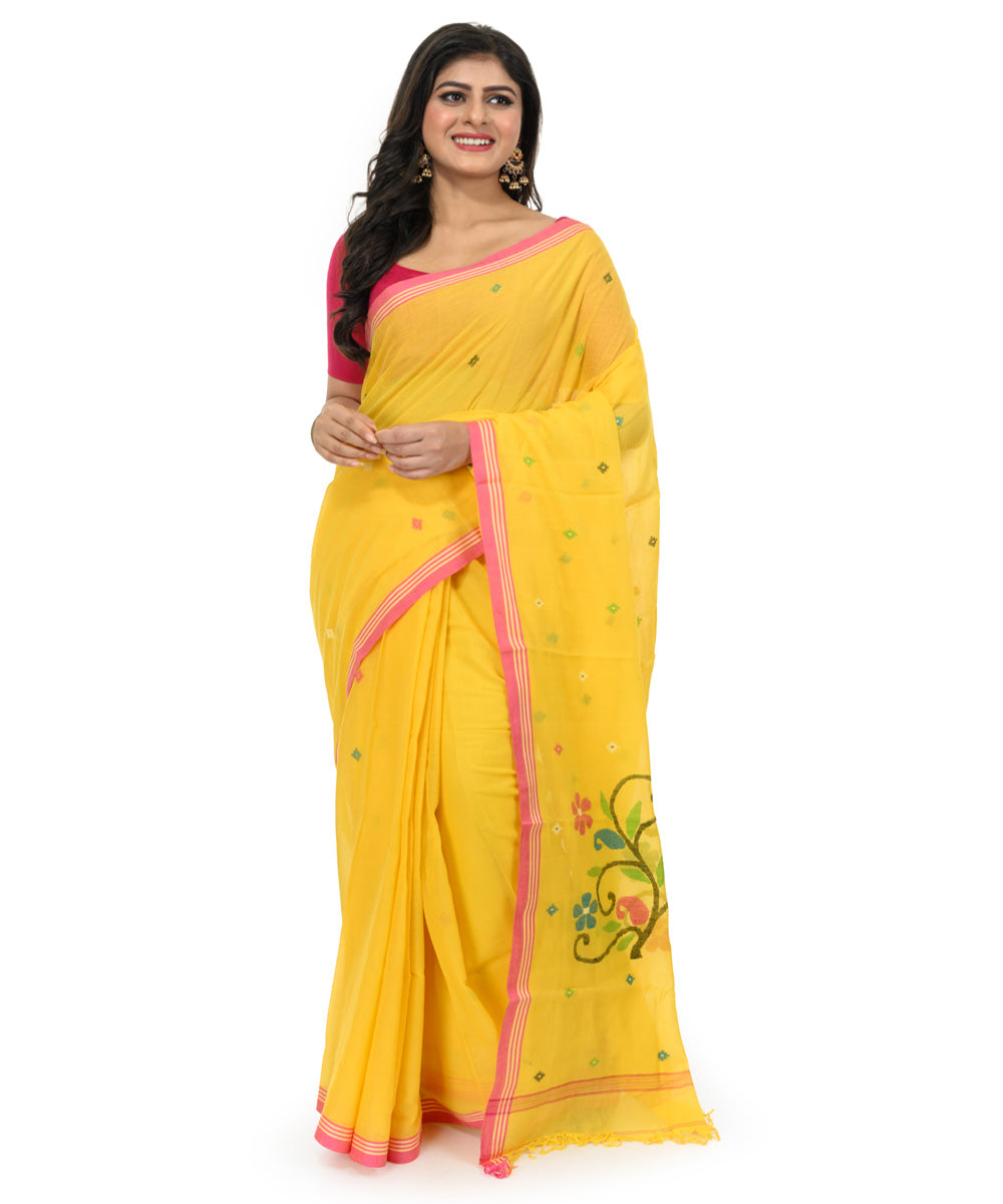 Mustard red hand woven cotton bengal saree