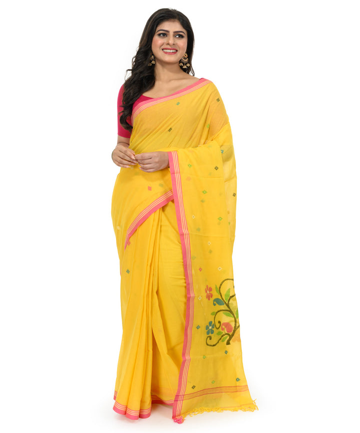 Mustard red hand woven cotton bengal saree