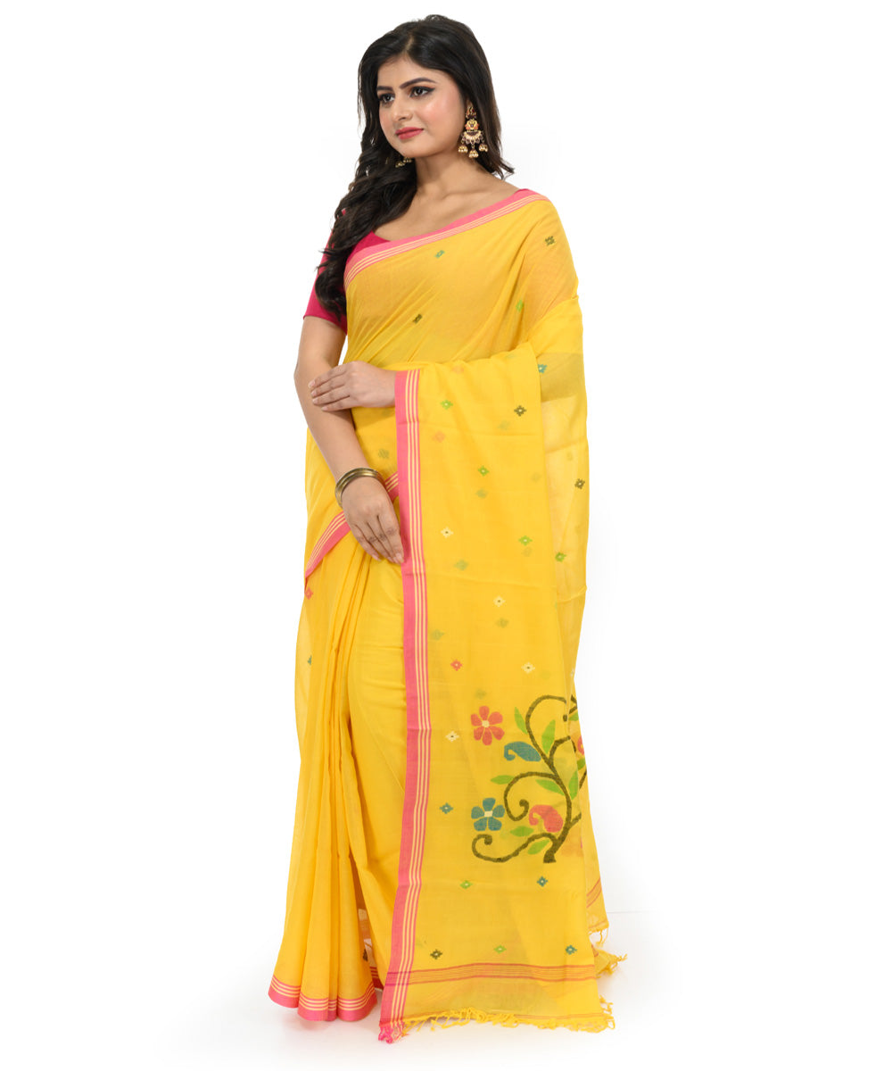 Mustard red hand woven cotton bengal saree