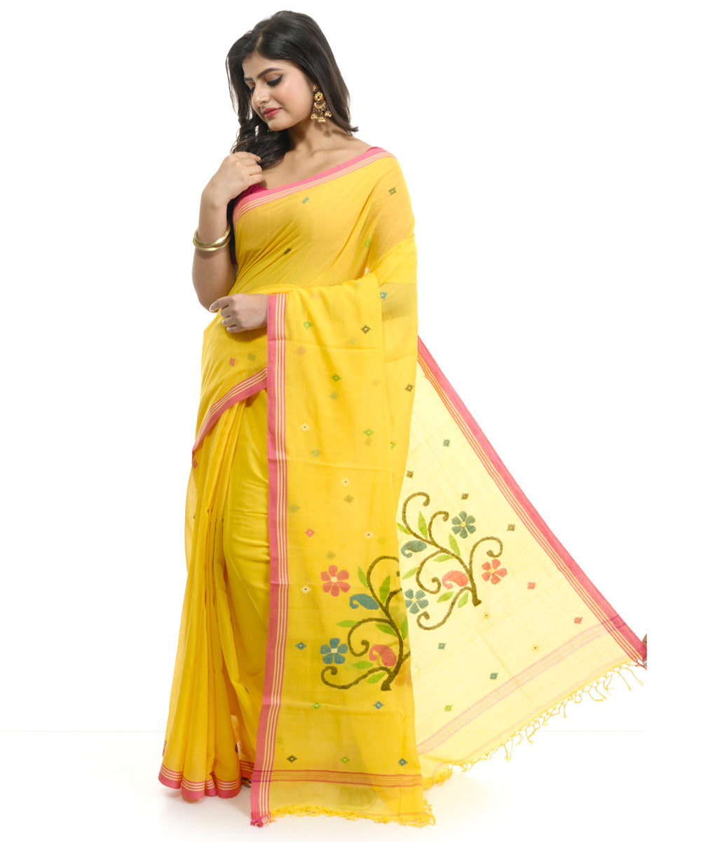 Mustard red hand woven cotton bengal saree