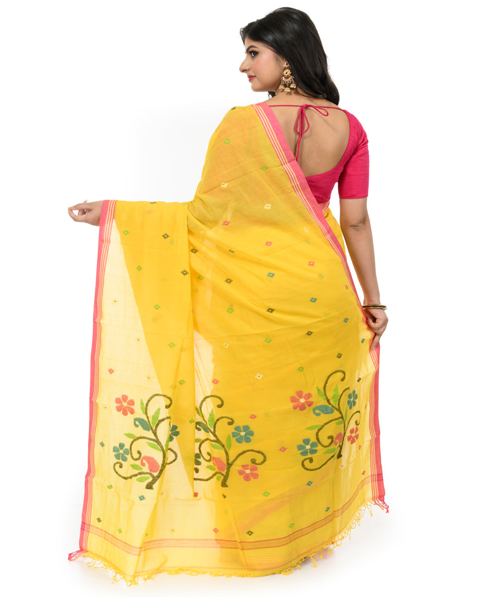 Mustard red hand woven cotton bengal saree