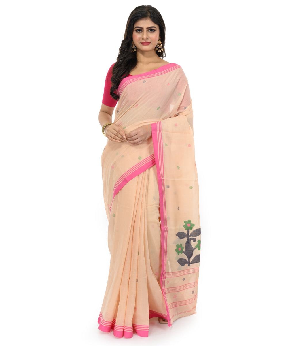 Brown pink handwoven bengal cotton saree