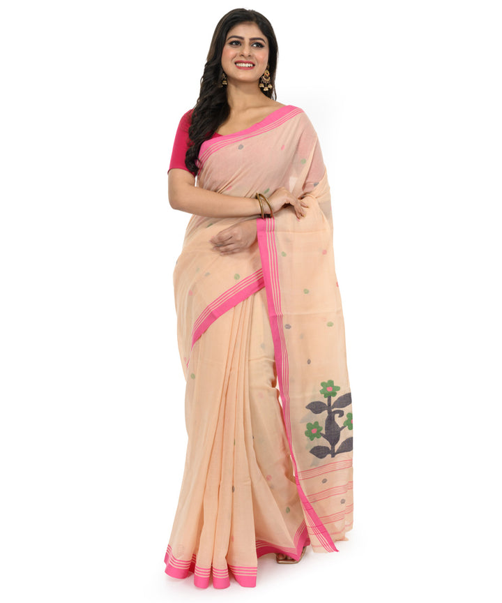 Brown pink handwoven bengal cotton saree