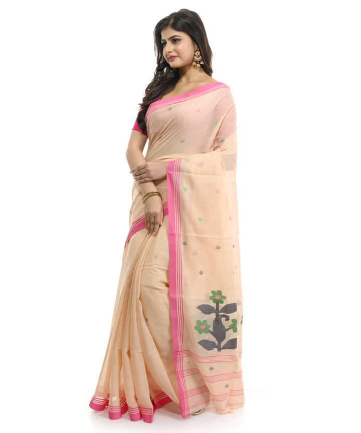 Brown pink handwoven bengal cotton saree