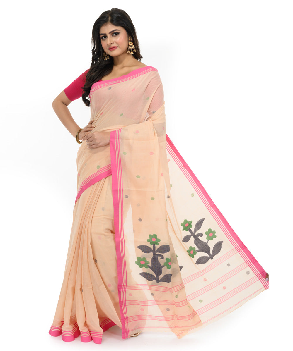 Brown pink handwoven bengal cotton saree