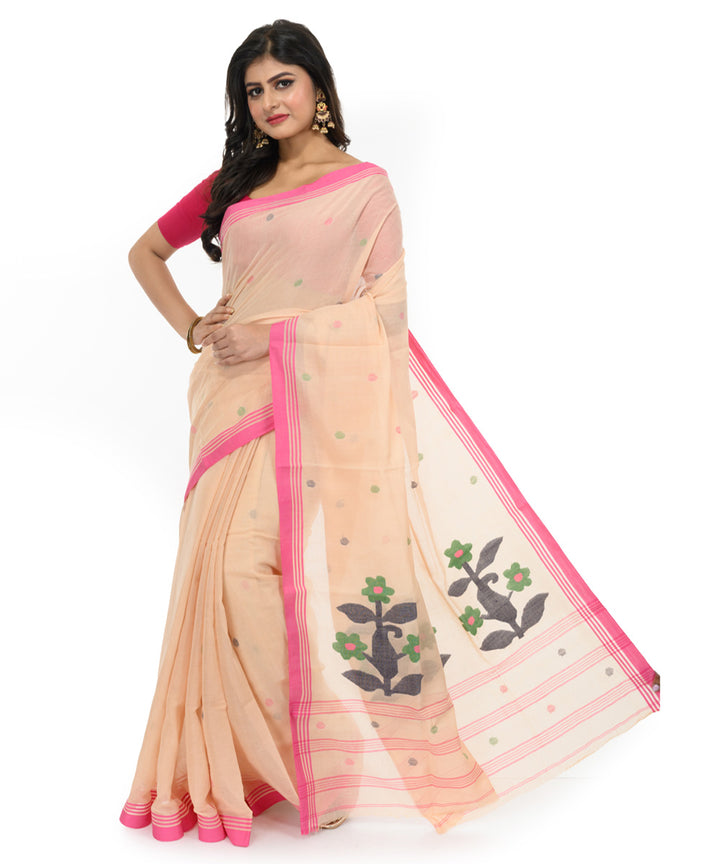 Brown pink handwoven bengal cotton saree