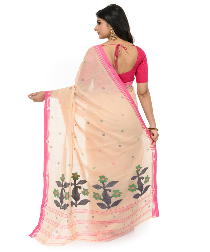 Brown pink handwoven bengal cotton saree