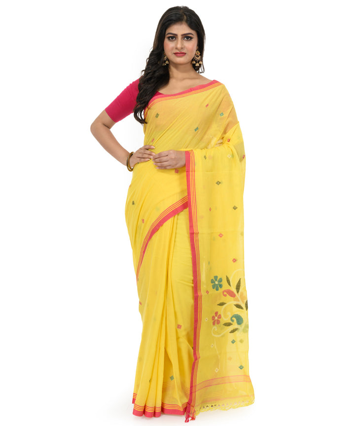 Yellow red cotton hand woven bengal saree