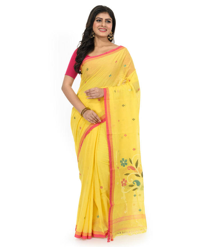 Yellow red cotton hand woven bengal saree