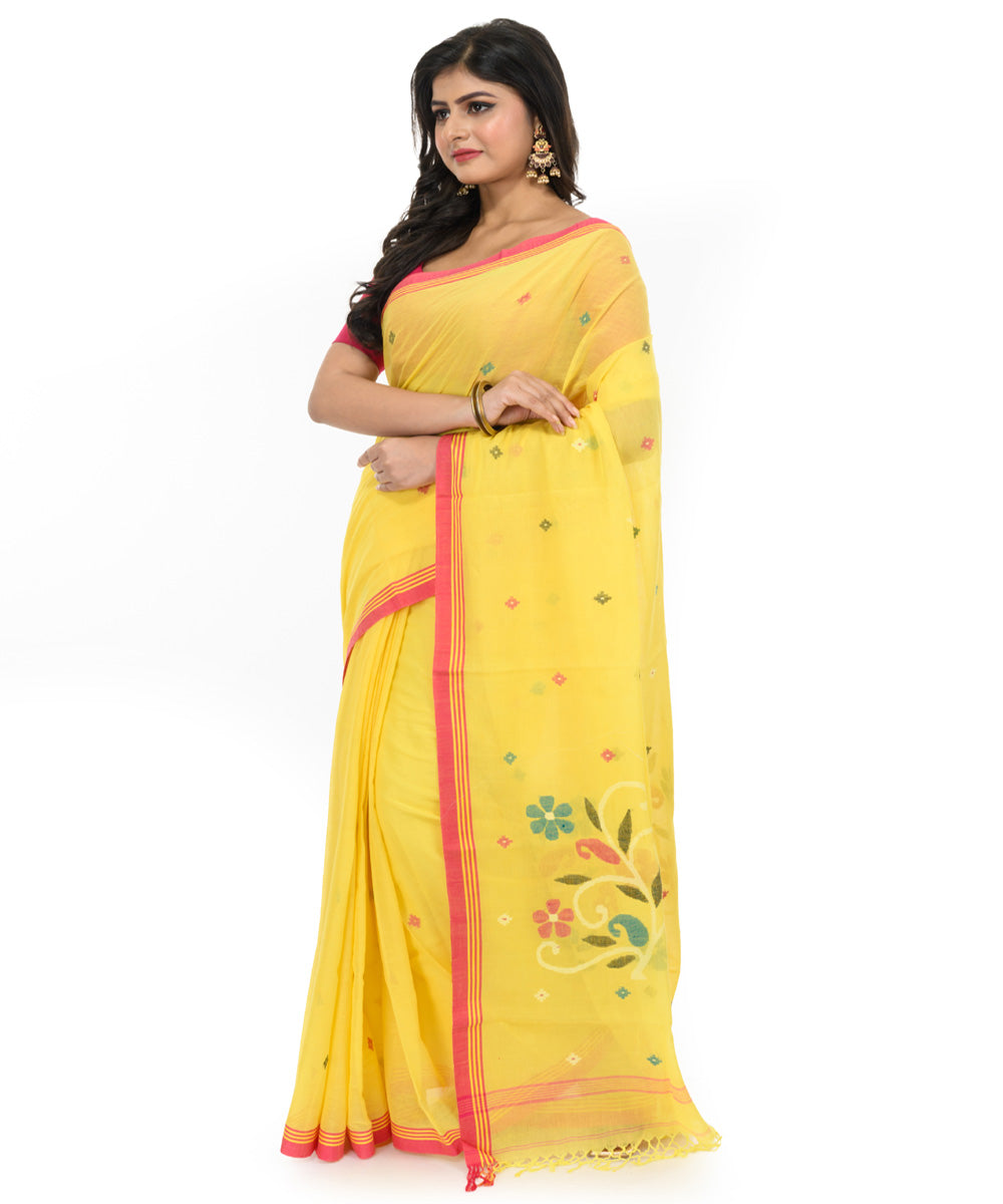 Yellow red cotton hand woven bengal saree