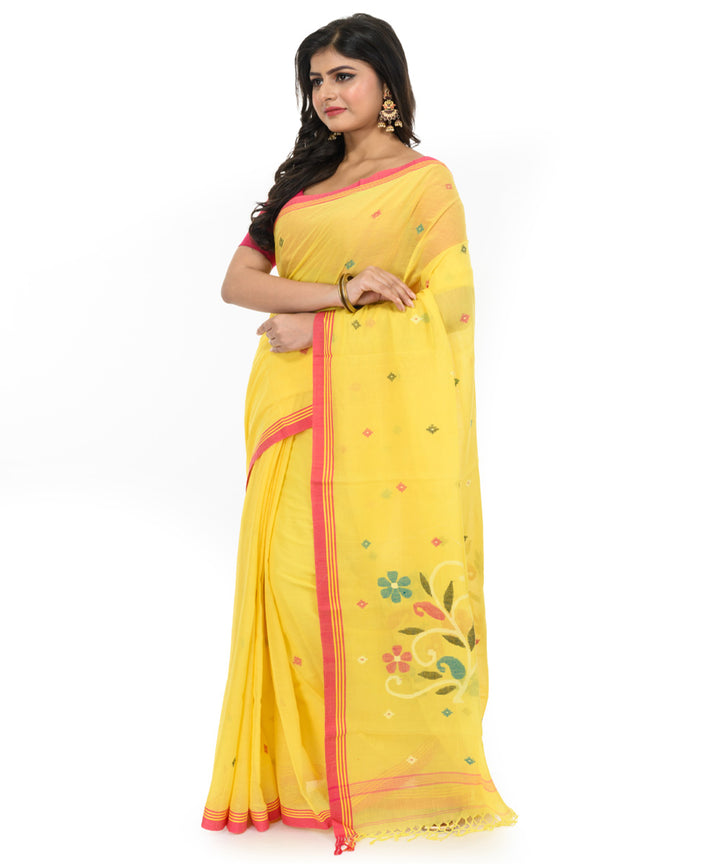 Yellow red cotton hand woven bengal saree