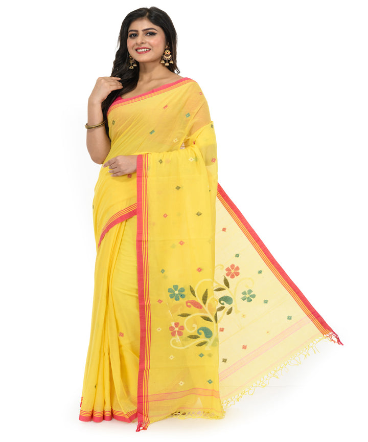 Yellow red cotton hand woven bengal saree