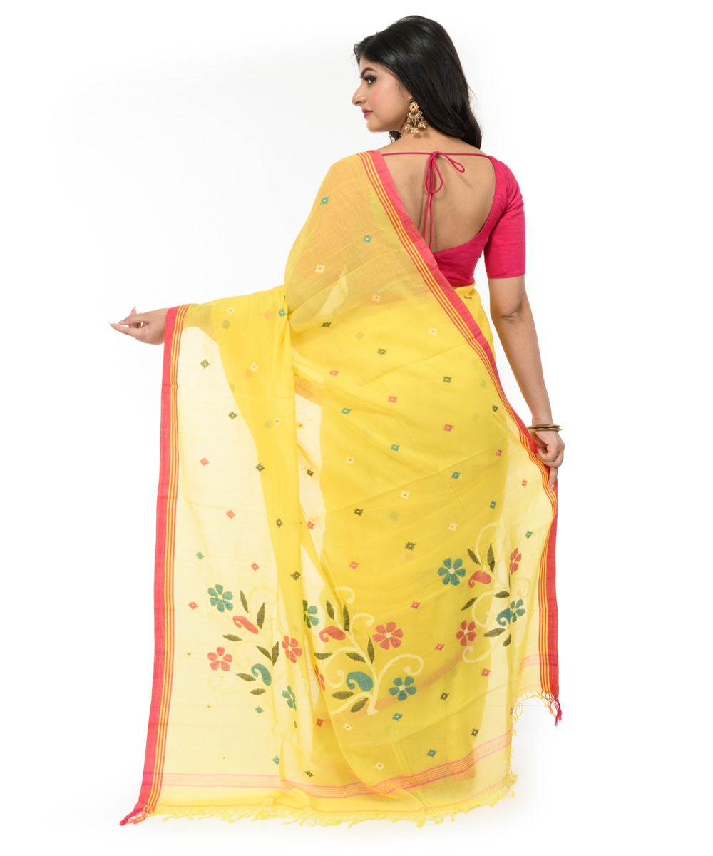 Yellow red cotton hand woven bengal saree