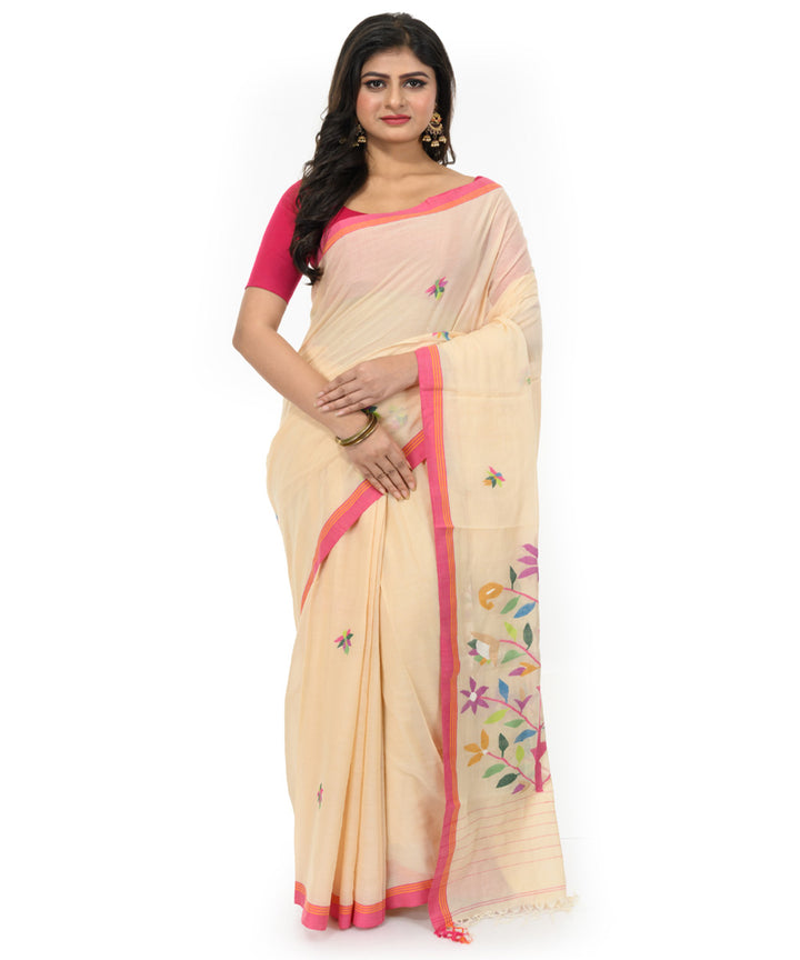 Beige hand woven bengal cotton saree