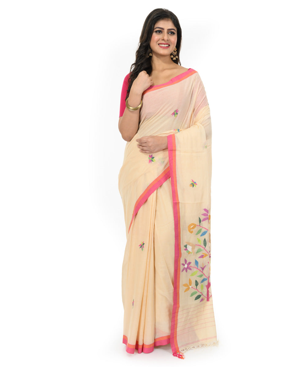 Beige hand woven bengal cotton saree