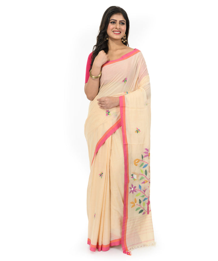 Beige hand woven bengal cotton saree