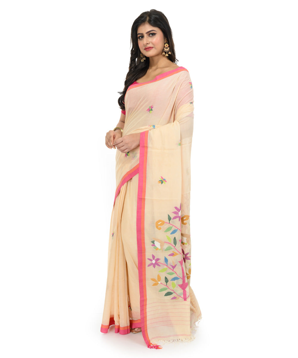 Beige hand woven bengal cotton saree
