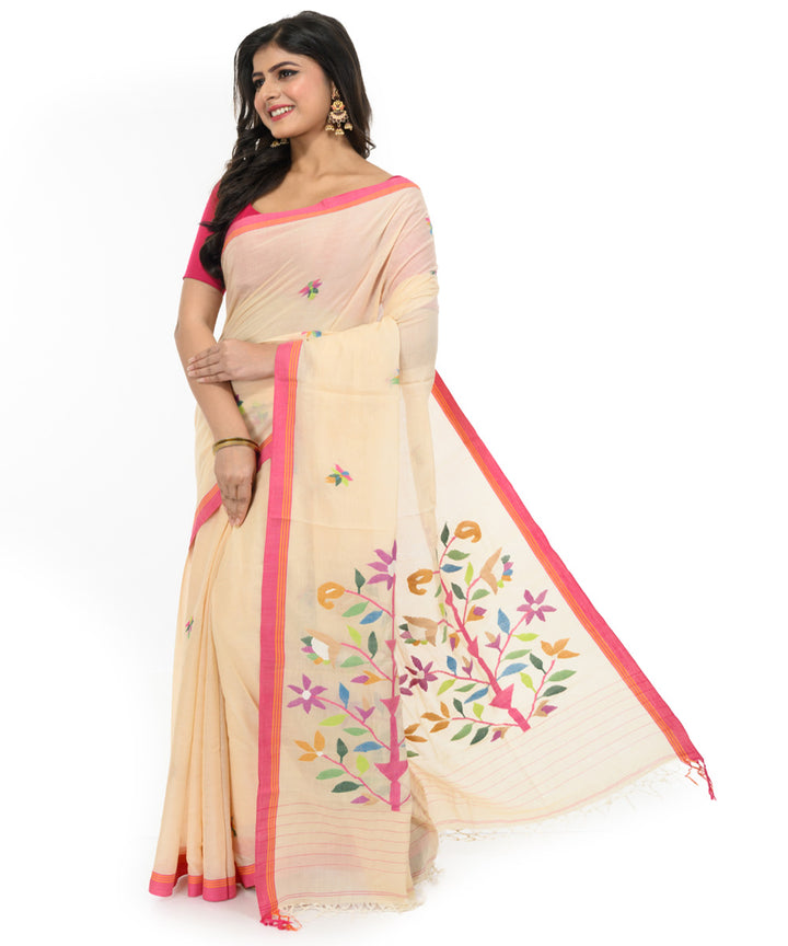 Beige hand woven bengal cotton saree