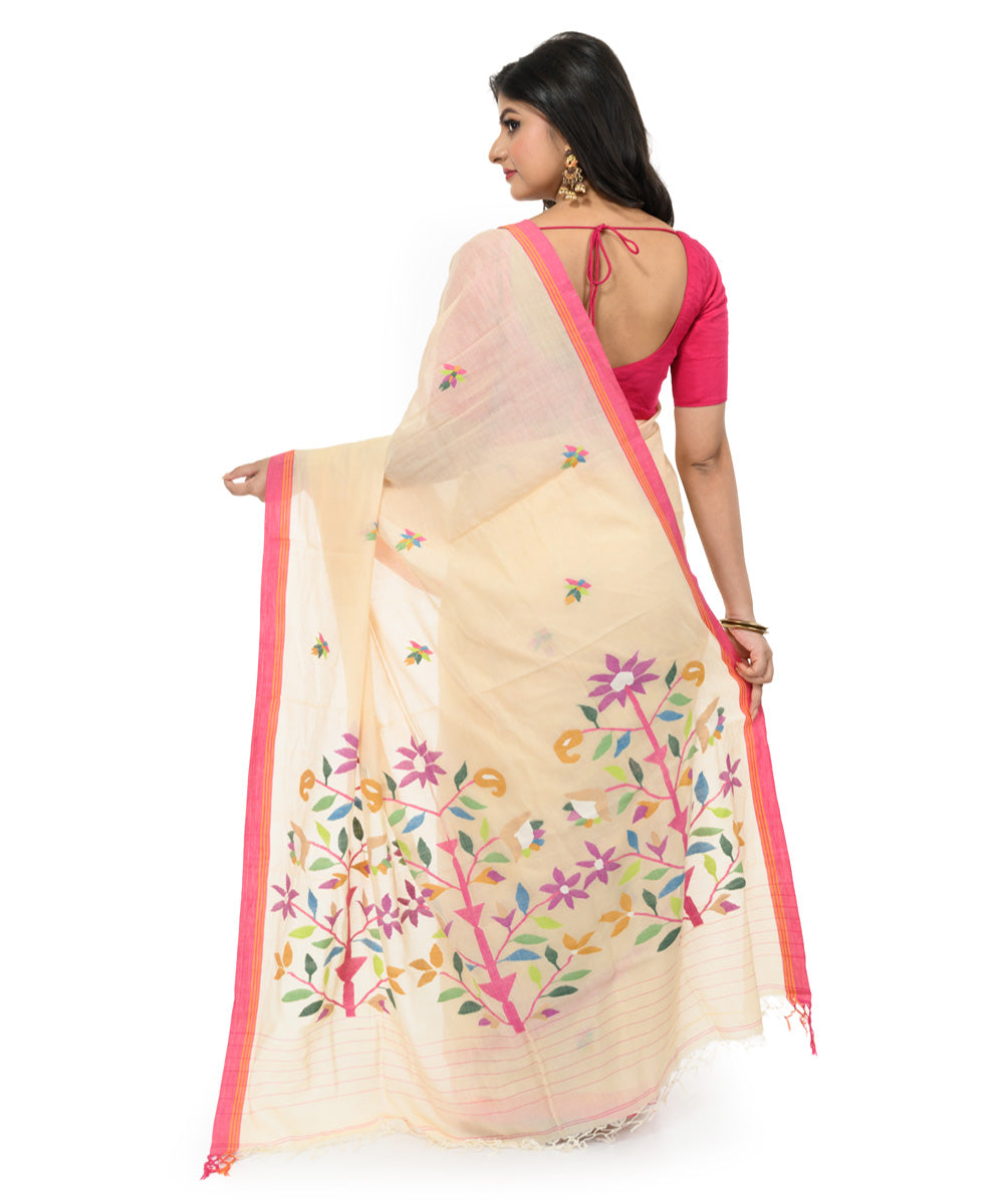 Beige hand woven bengal cotton saree