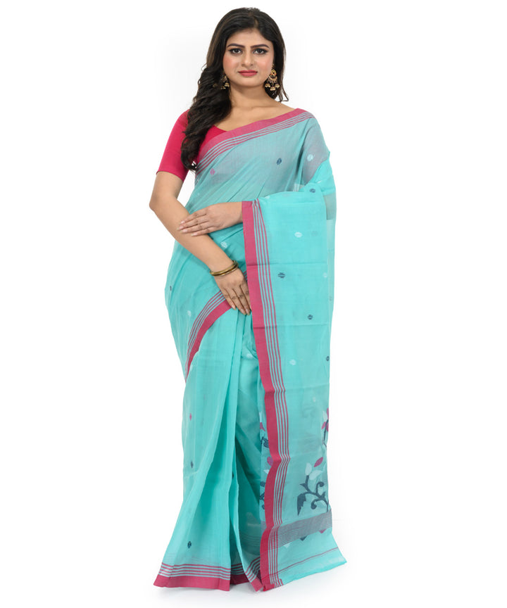 Cyan blue hand woven cotton bengal saree