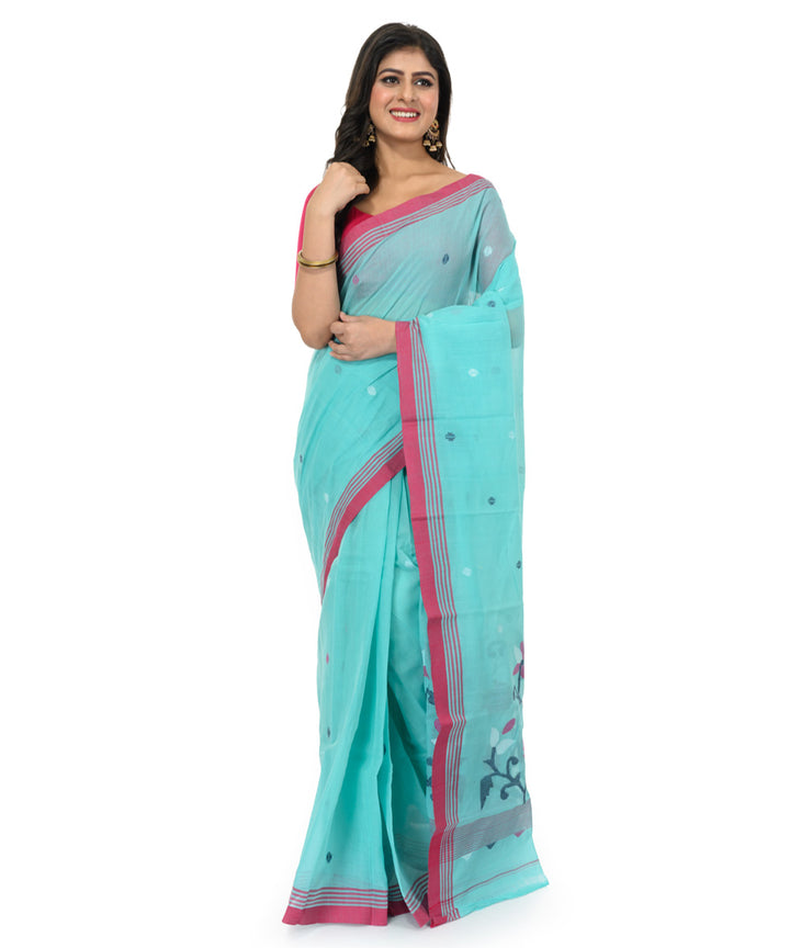 Cyan blue hand woven cotton bengal saree