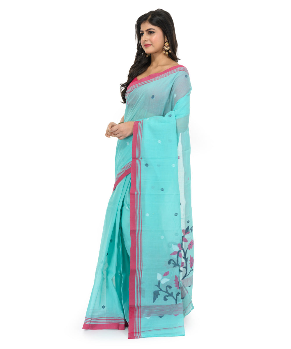 Cyan blue hand woven cotton bengal saree