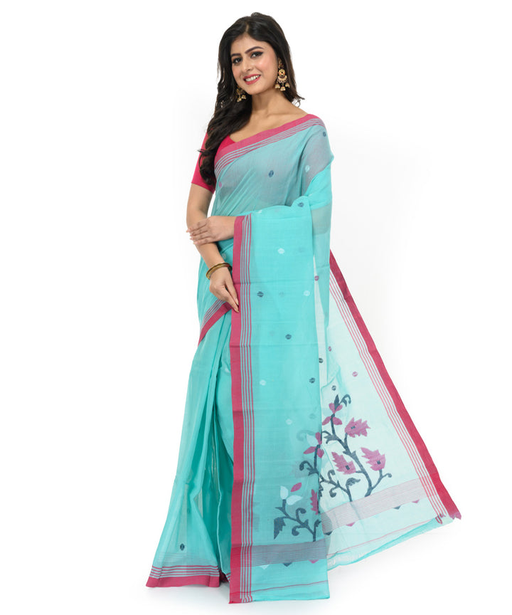 Cyan blue hand woven cotton bengal saree