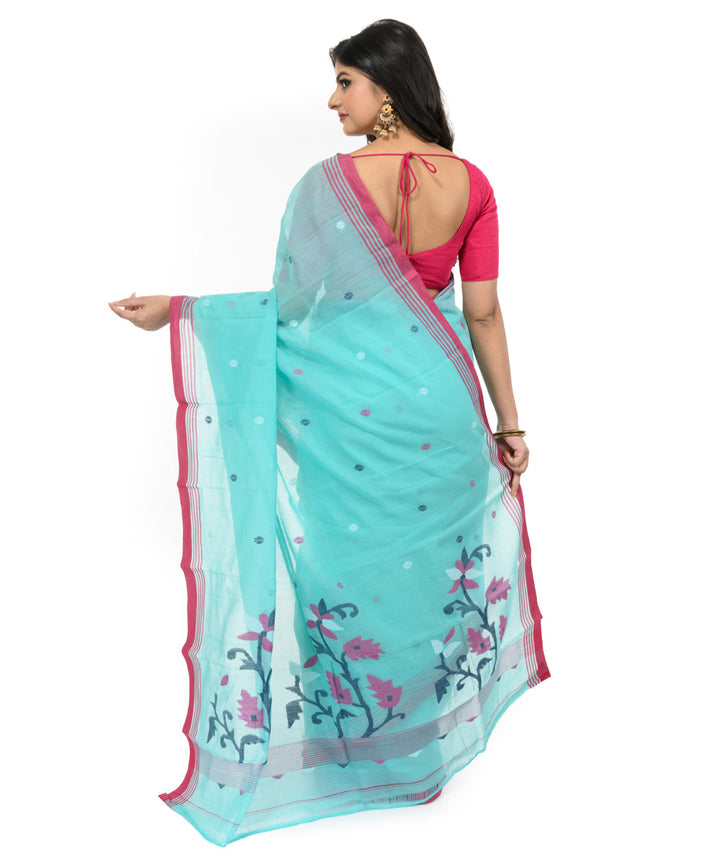 Cyan blue hand woven cotton bengal saree