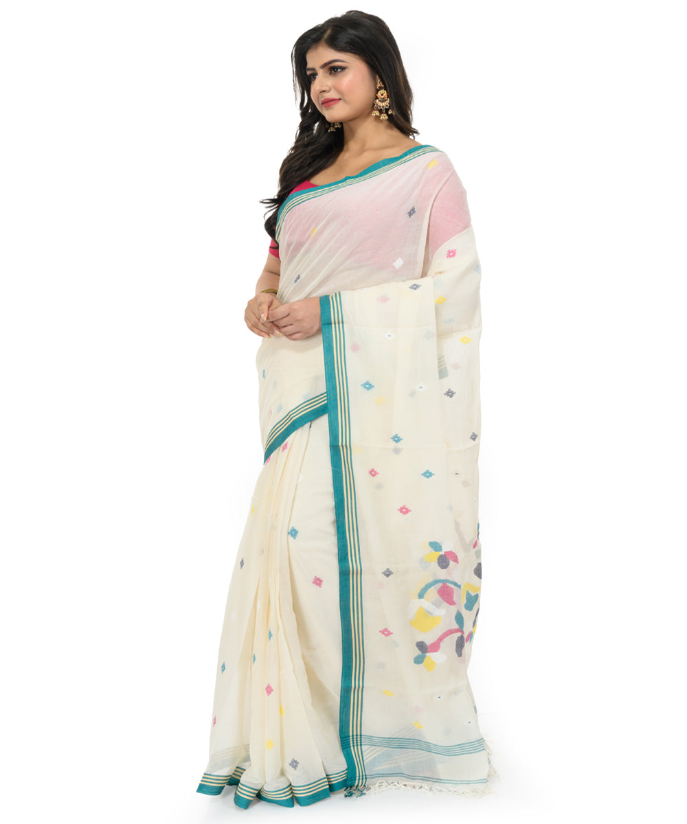 White sky blue handwoven bengal cotton saree