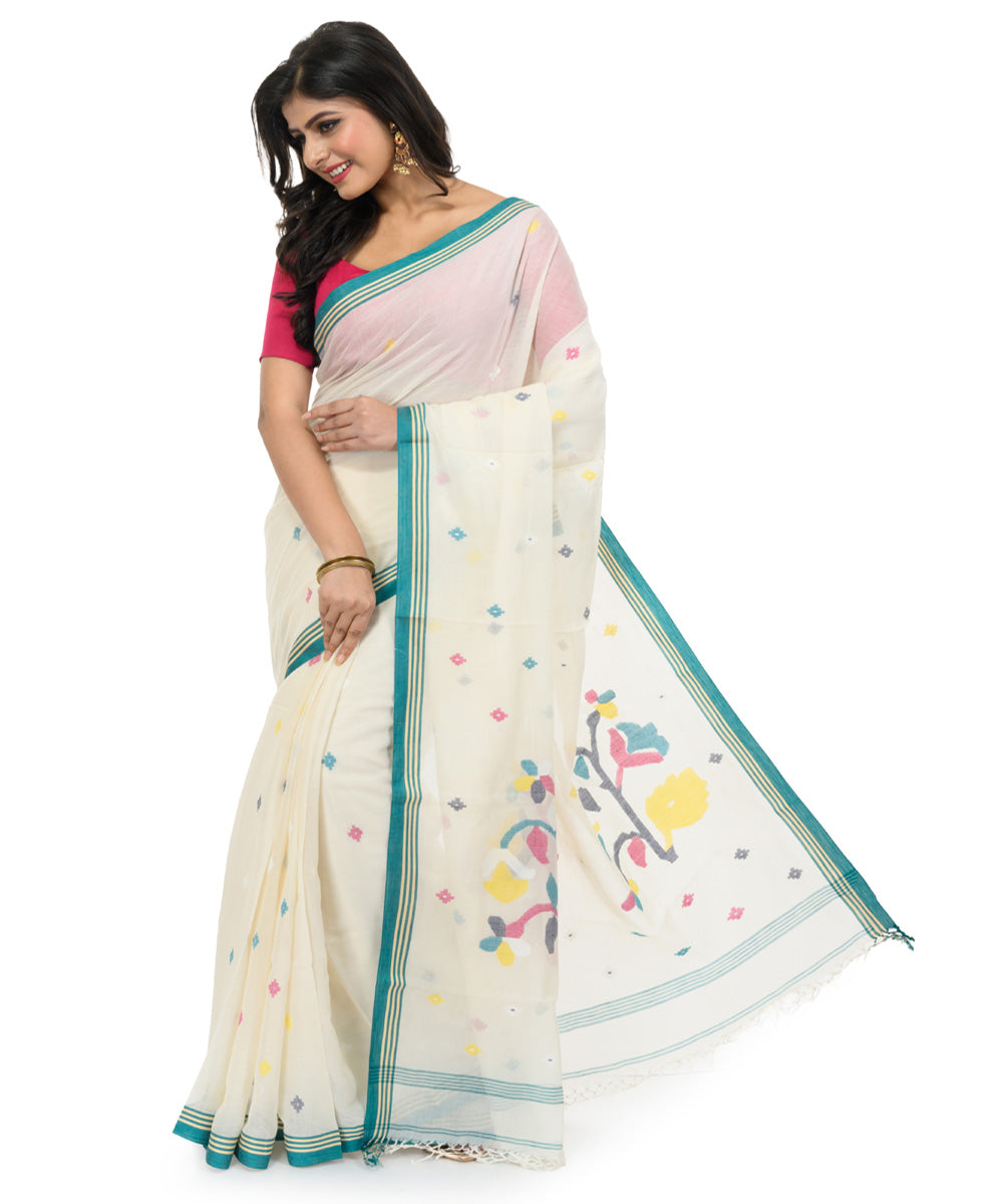 White sky blue handwoven bengal cotton saree