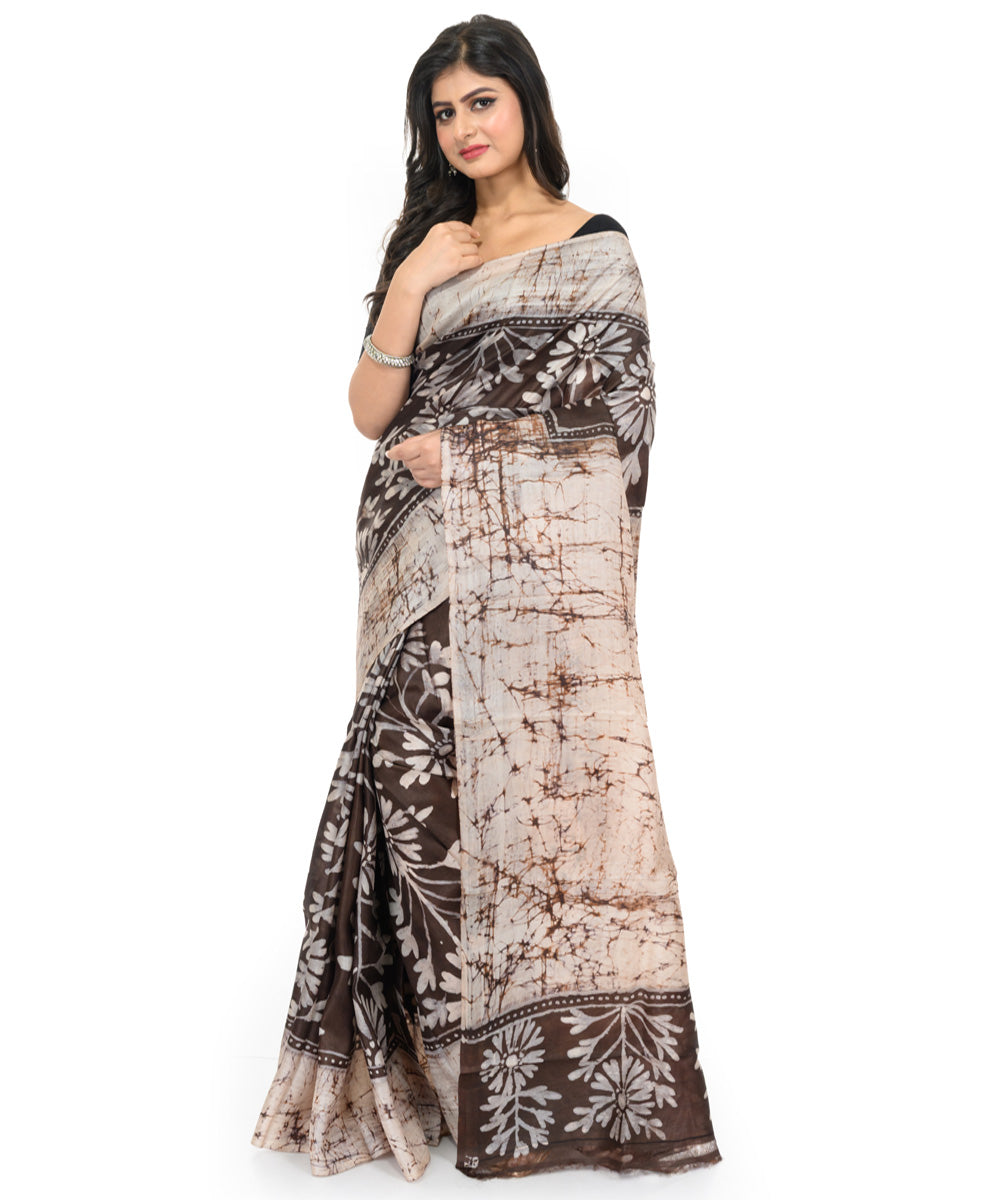 Black handwoven batik silk saree