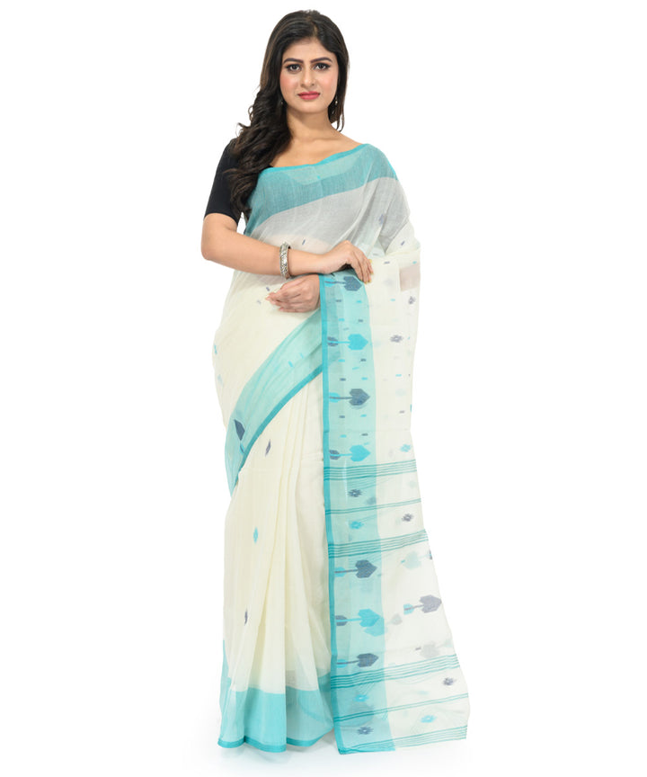 White sky blue hand woven bengal cotton saree