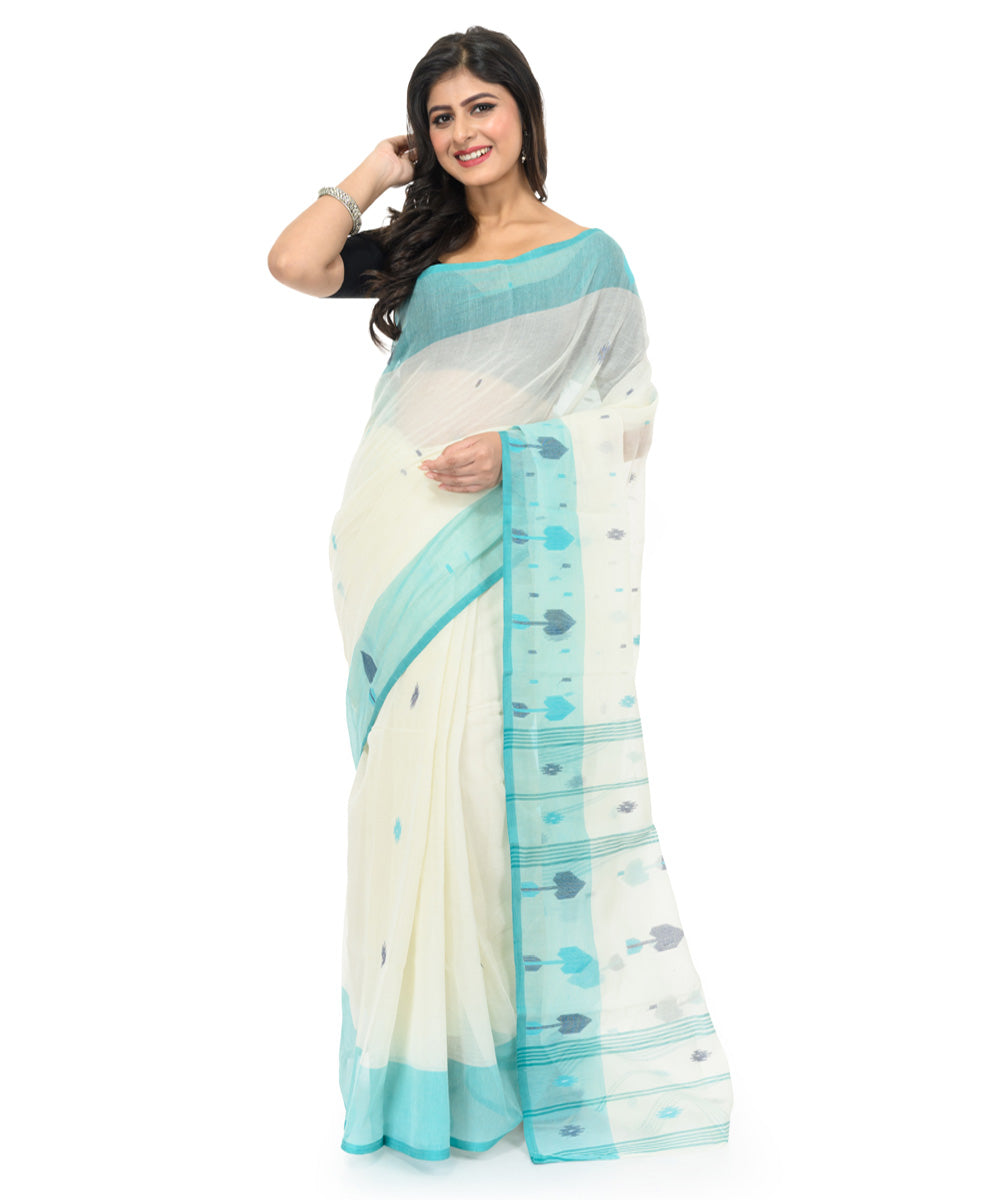 White sky blue hand woven bengal cotton saree