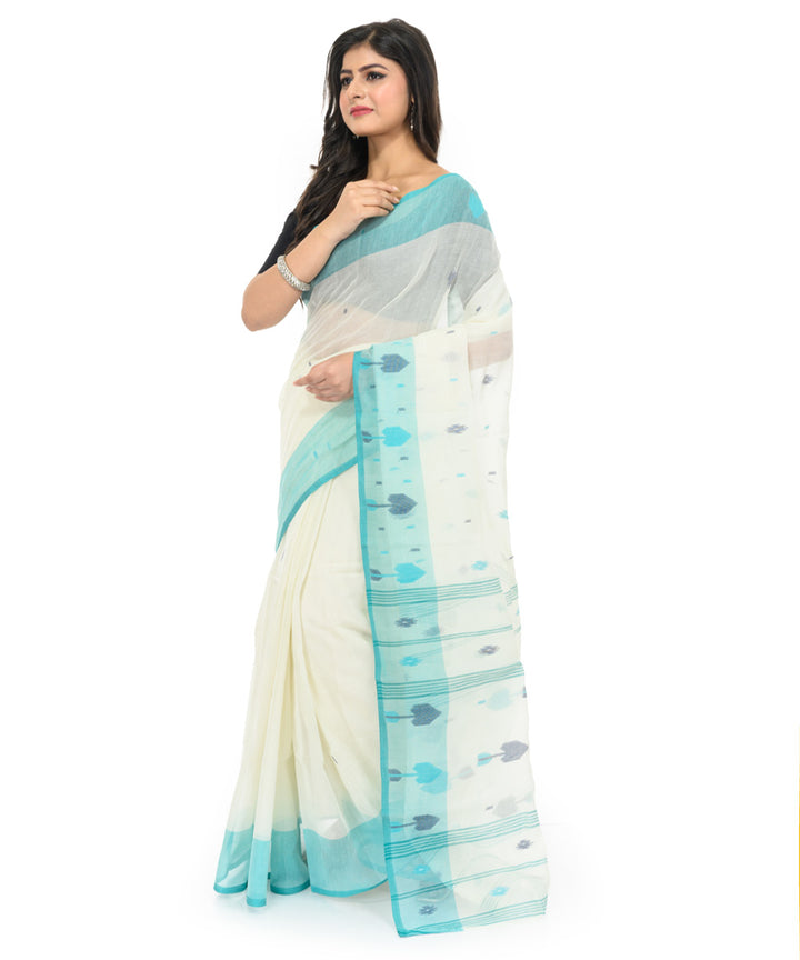 White sky blue hand woven bengal cotton saree