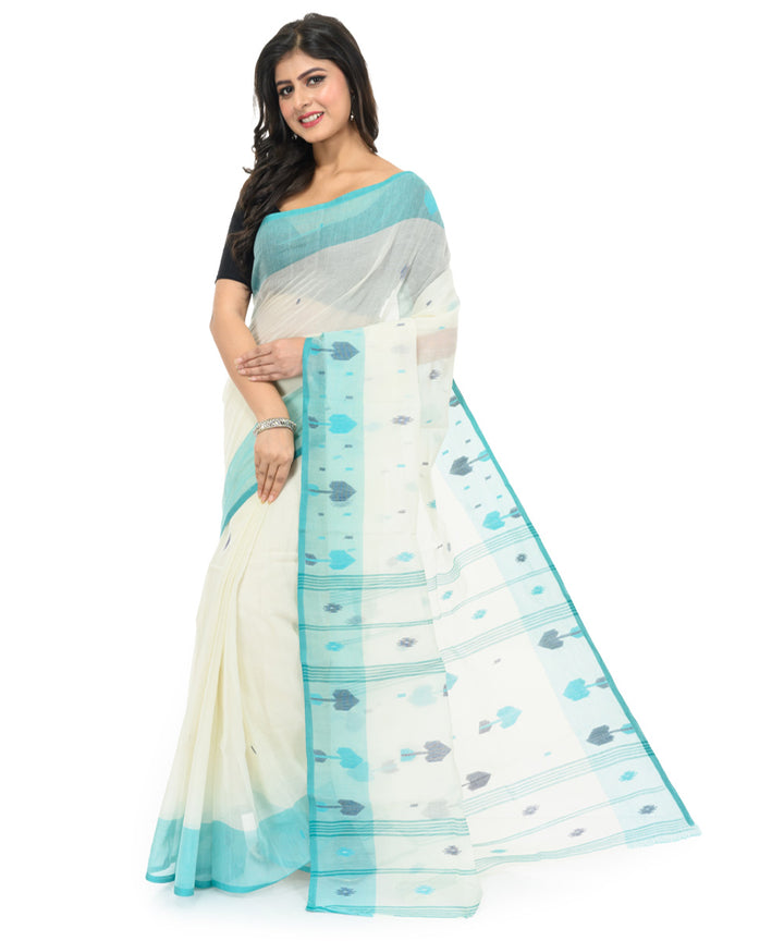 White sky blue hand woven bengal cotton saree