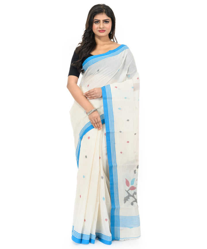 White sky blue handwoven cotton bengal saree