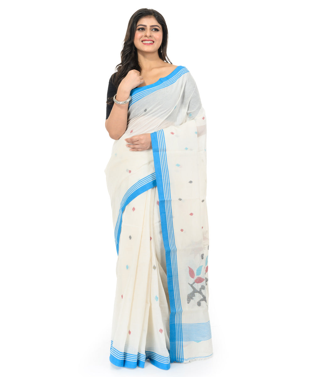 White sky blue handwoven cotton bengal saree