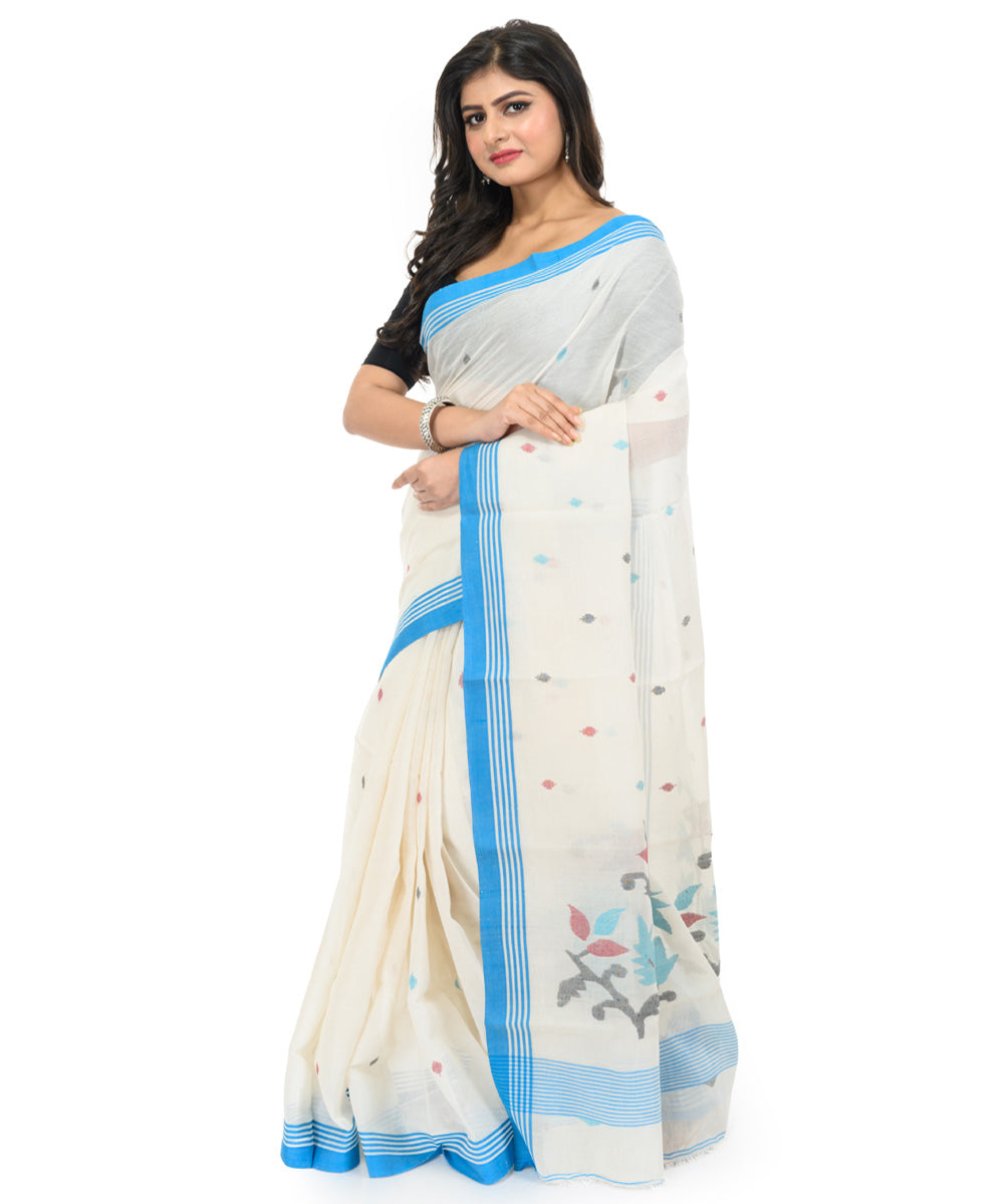 White sky blue handwoven cotton bengal saree